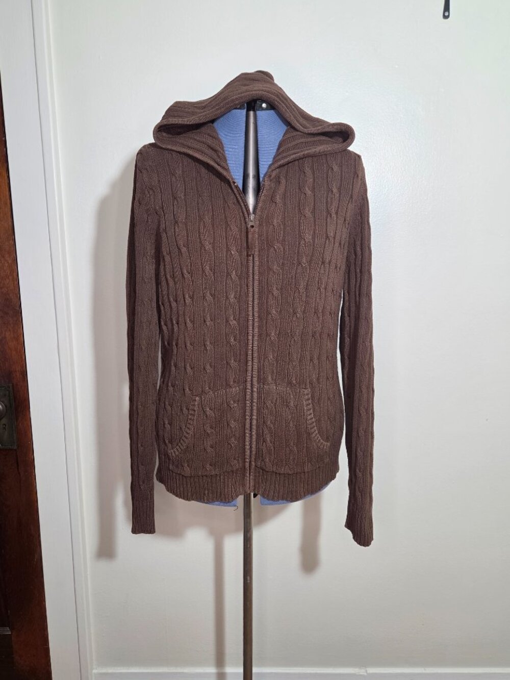 Vintage Y2K St. Johns Bay Brown Cotton Cable Knit Zipper Sweater Hoodie